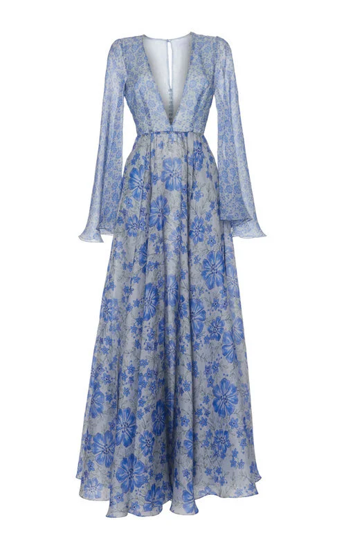 Luisa Beccaria Organza Printed Wide Sleeves Gown in Blue
