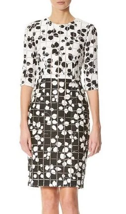 Carolina Herrera Leaf-Print Tweed Half-Sleeve Dress in White/Black