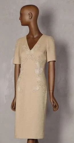 Dolce & Gabbana V-Neck Lace Appliqué Dress in Beige