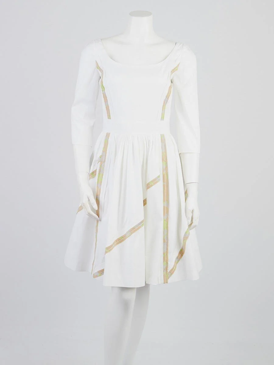 Prada Printed Cotton Blend 3/4 Sleeve Dress in White