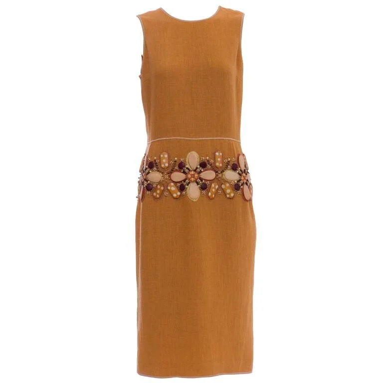 Oscar de la Renta Sleeveless Linen Dress With Wood Bead Embroidery
