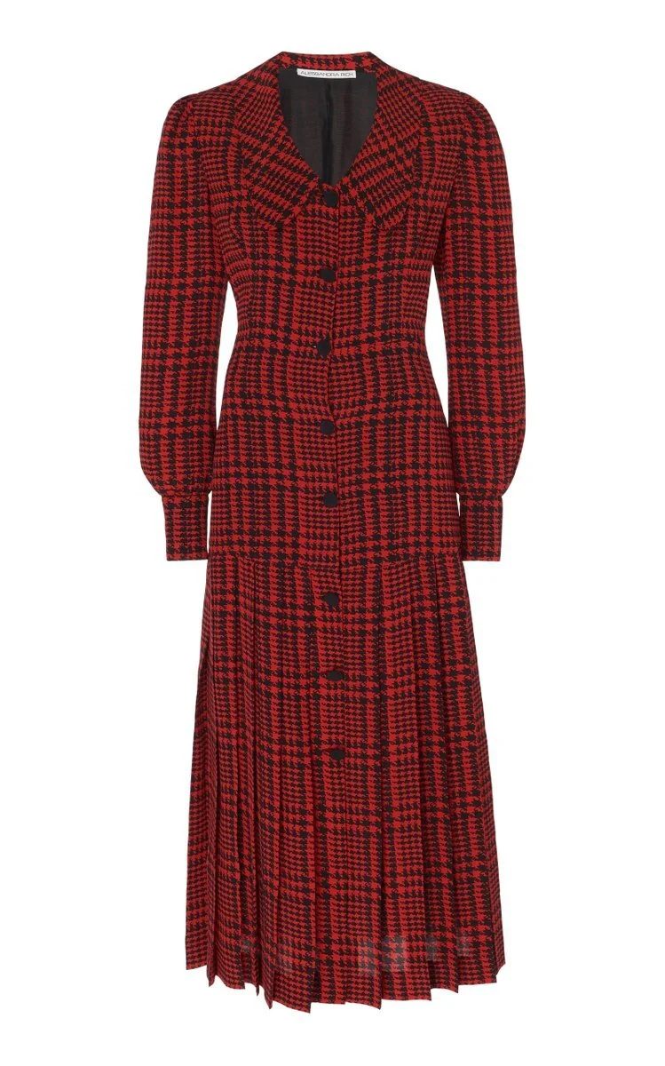 Alessandra Rich Pleated Houndstooth Silk Midi Dress in Red