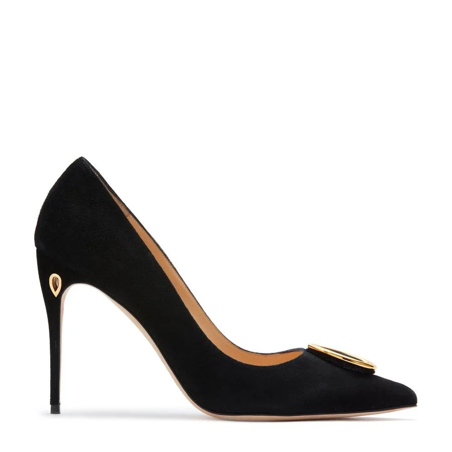 Jennifer Chamandi Lorenzo 105 Pumps in Black Suede Gold Buckle