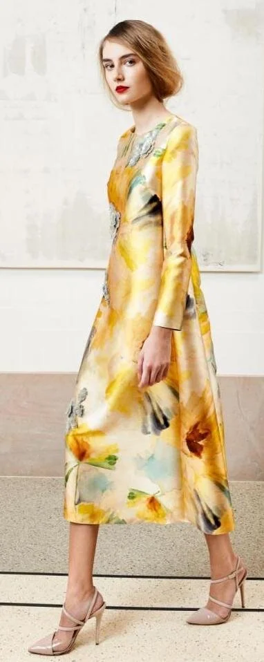 Natan Couture SS18 Floral Printed Midi Dress in Yellow
