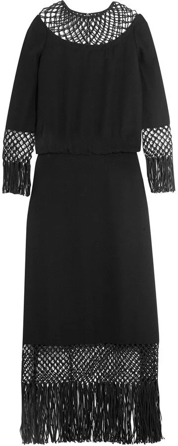 Valentino Fringed Macrame-paneled Silk-crepe Midi Dress in Black