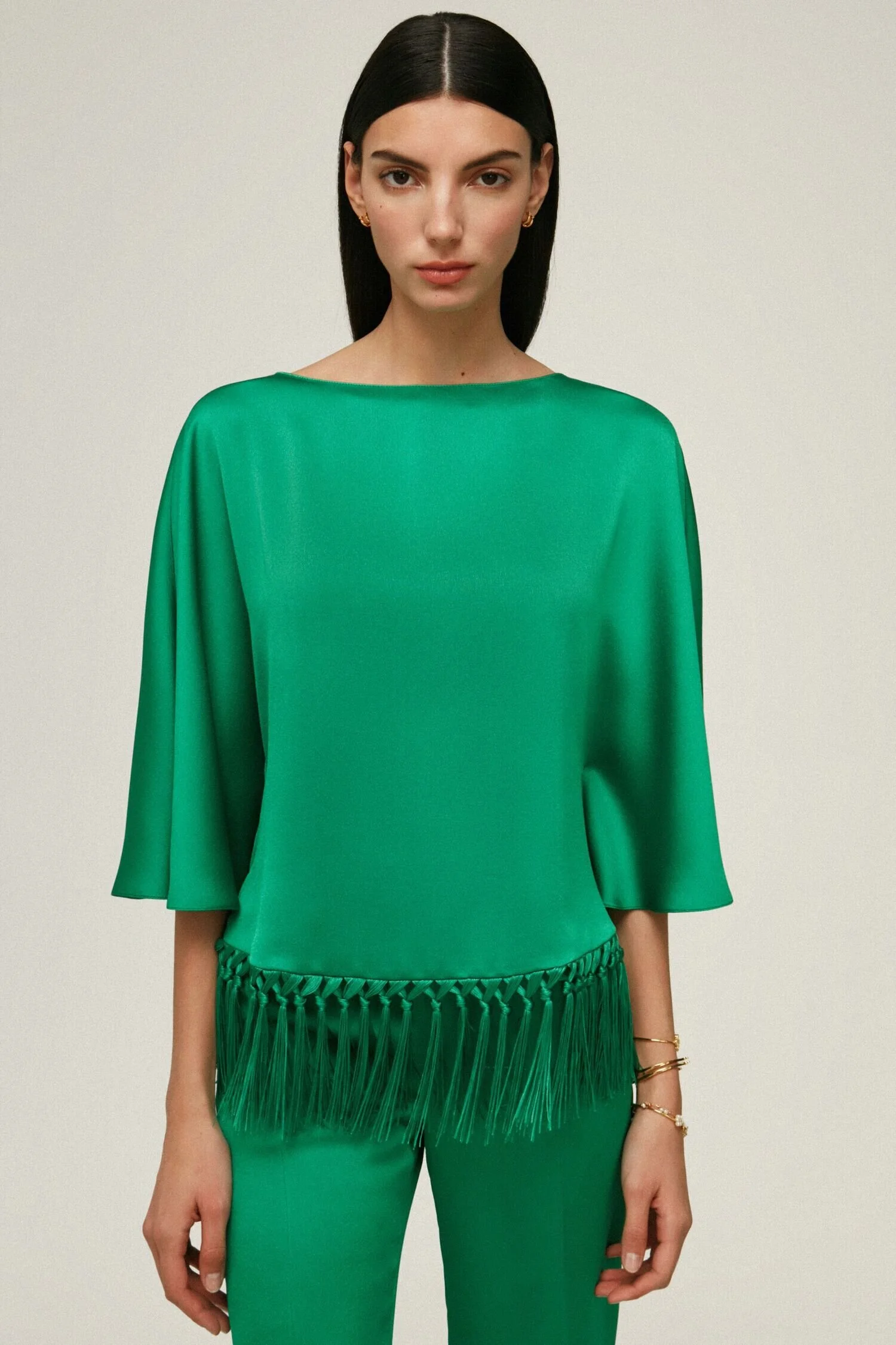 Carolina Herrera Oversize Fringed Satin Crepe Top in Green