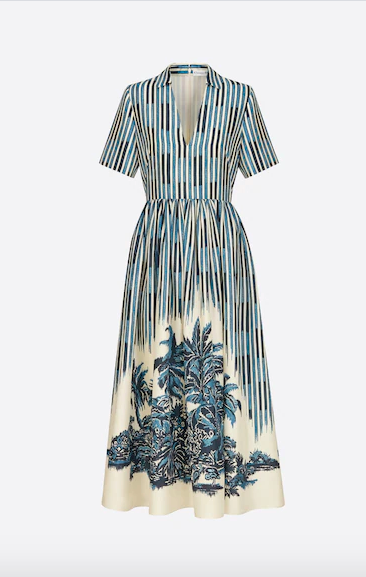 Christian Dior Silk V-Neck Midi Dress in Blue and White Silk Canvas with Dior Palms Motif.png