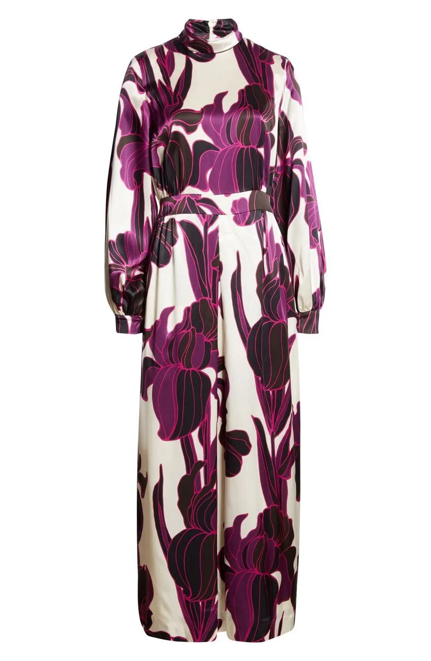 Dries Van Noten Floral Long Sleeve Silk Dress in Purple/White