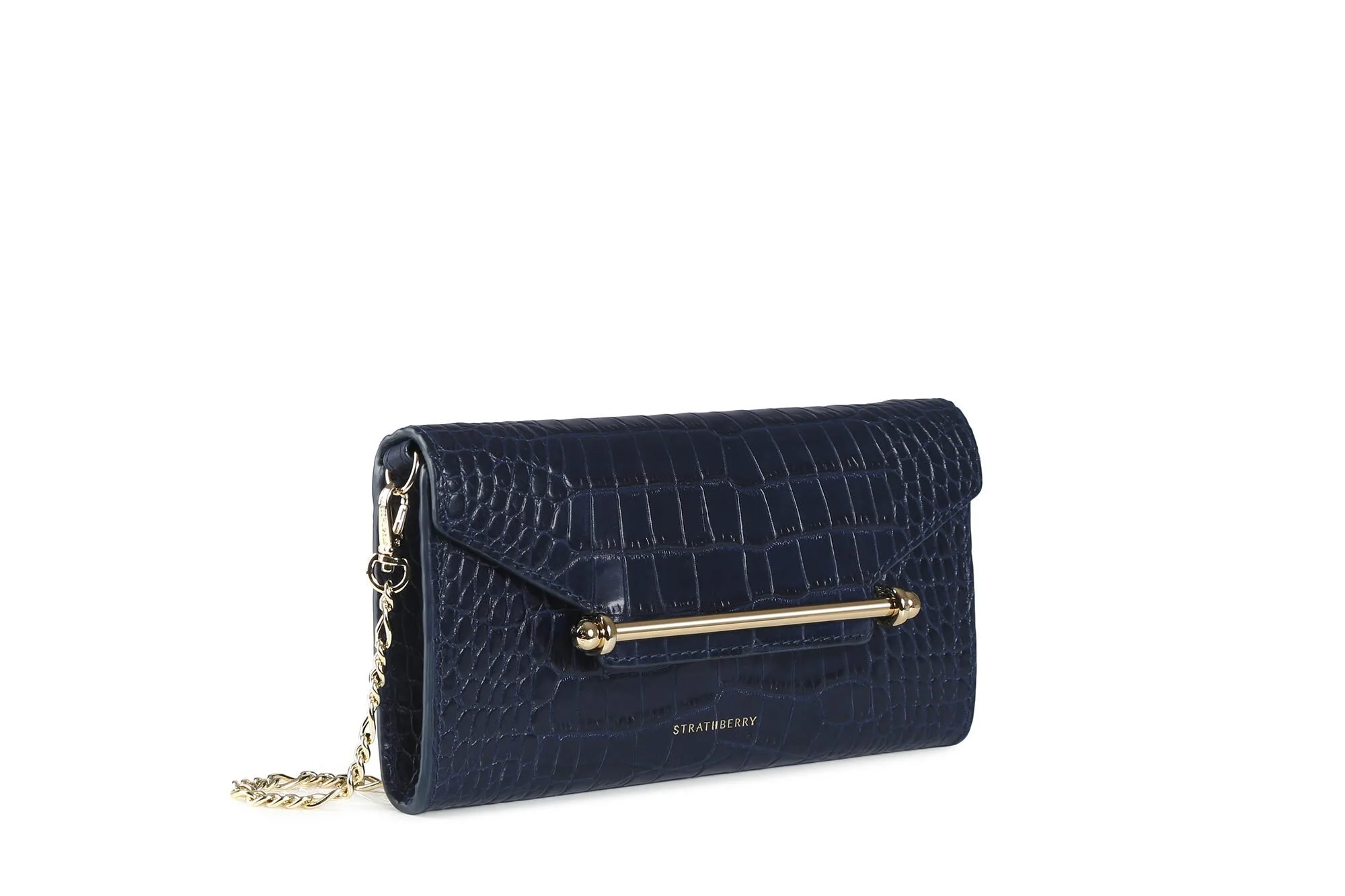 Strathberry Multrees Chain Wallet in Embossed Croc Navy