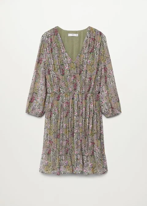 Mango Printed Pleated Dress in Green