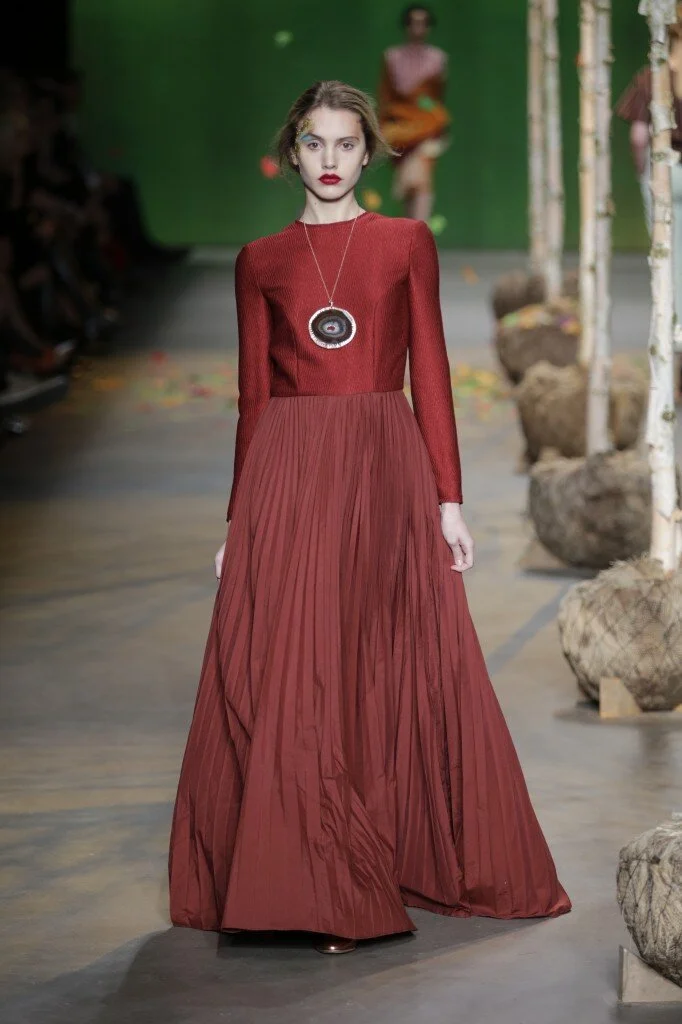 Mattijs van Bergen Long Sleeve Pleated Gown in Bordeaux