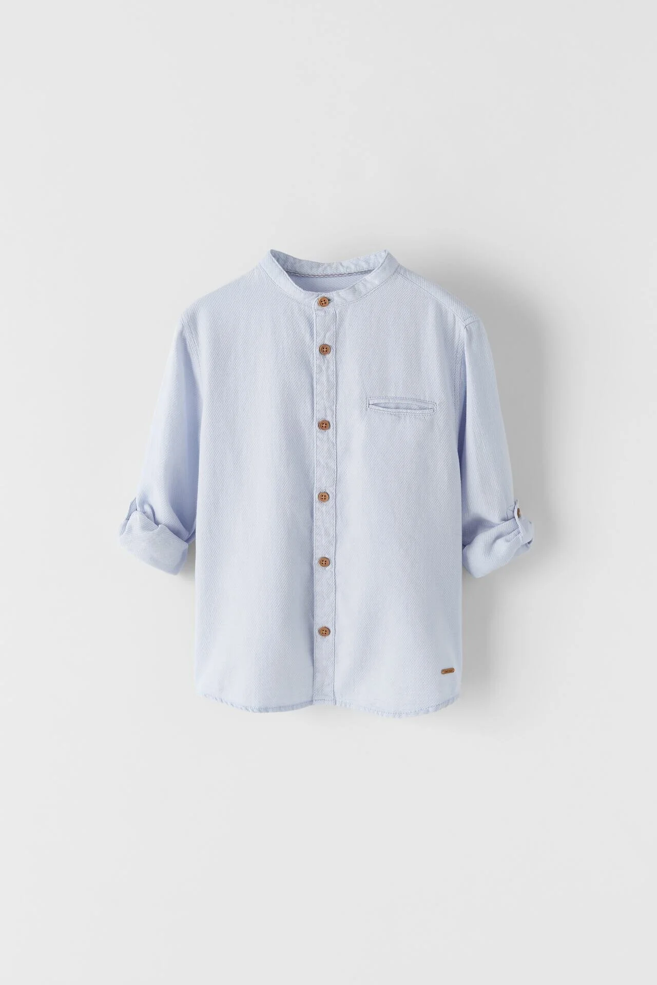 Zara Textured Weave Shirt with Stand-Up Collar in Light Blue