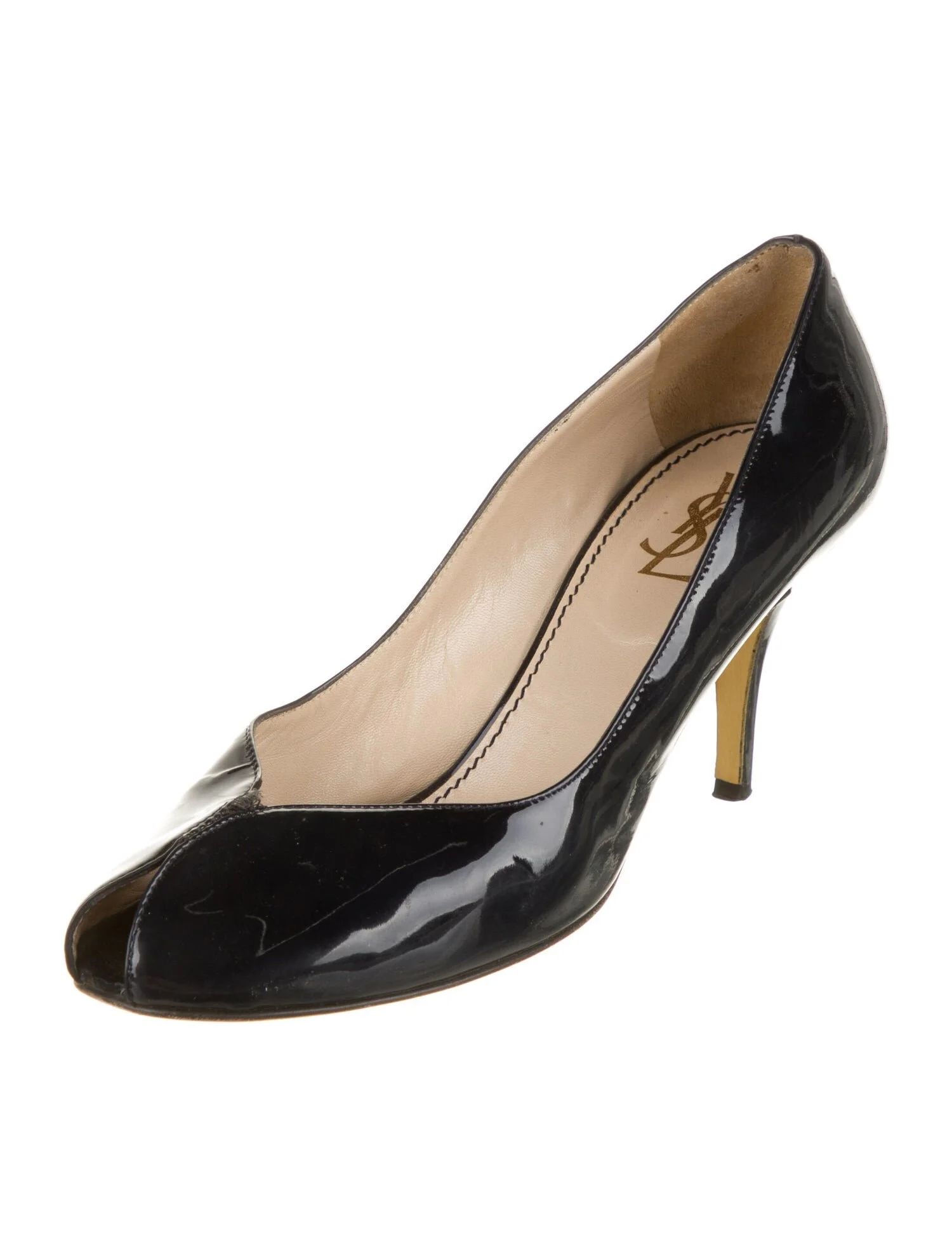 Yves Saint Laurent Tribute Mid Heel Pumps in Black Patent Leather