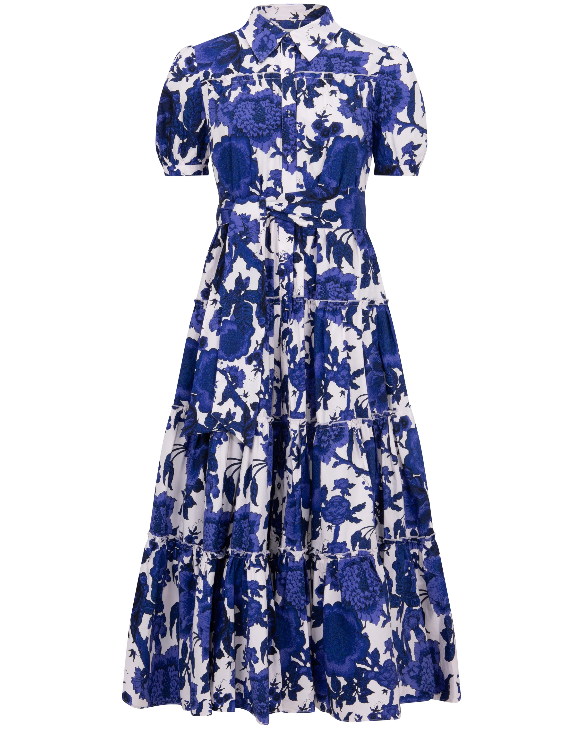 Diane von Furstenberg Queena Belted Tiered Floral-Print Dress in Blue