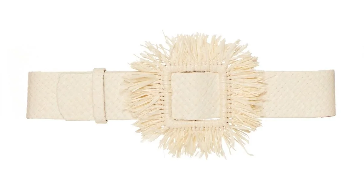 Oscar de la Renta Raffia Embellished Buckle Belt in Ivory