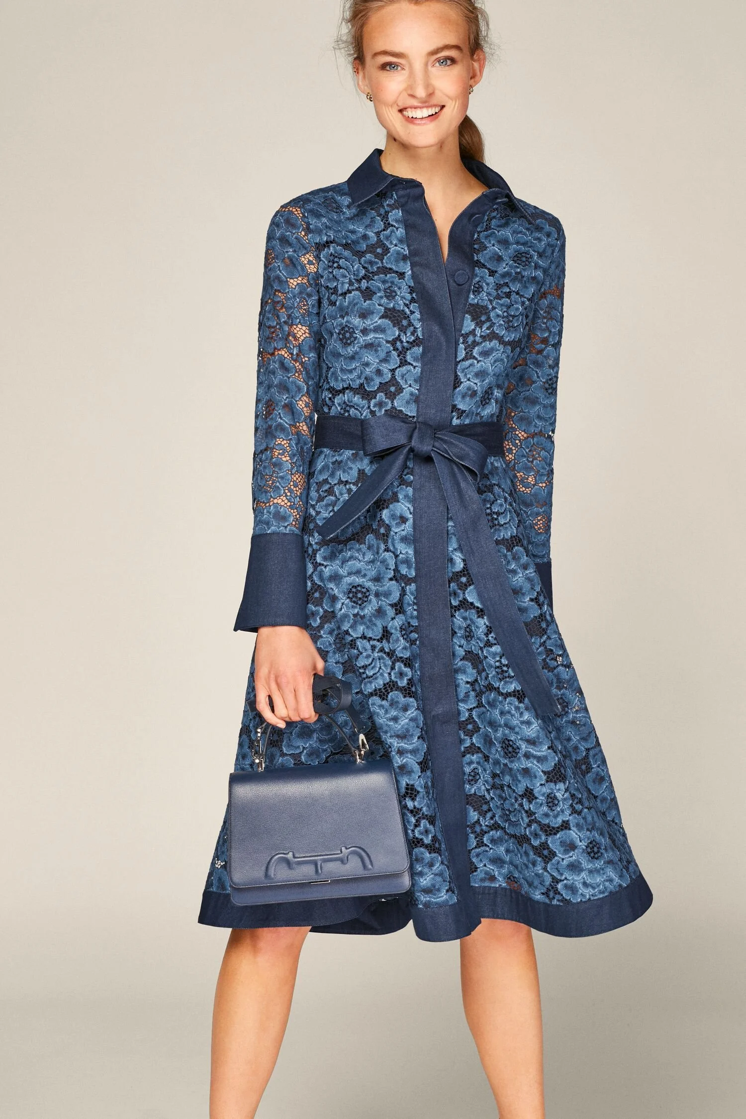 Carolina Herrera Lace and Denim Shirt Dress in Blue