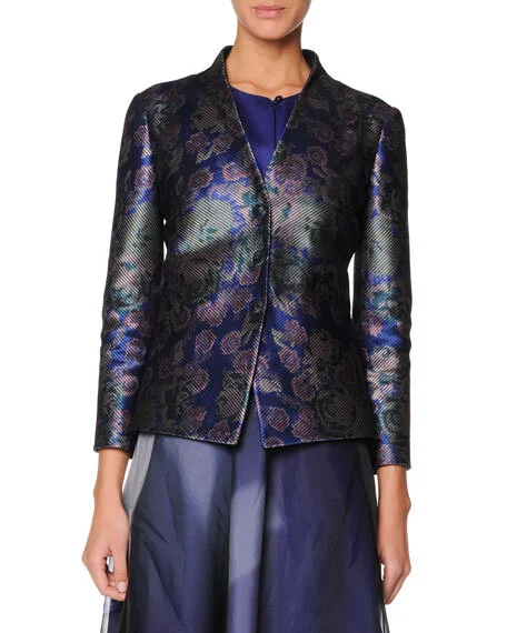 Giorgio Armani Collarless Floral Jacquard Jacket in Fantasia Blue