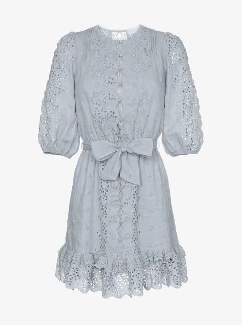 Zimmermann Iris Scalloped Embroidered Cotton Mini Dress in Blue