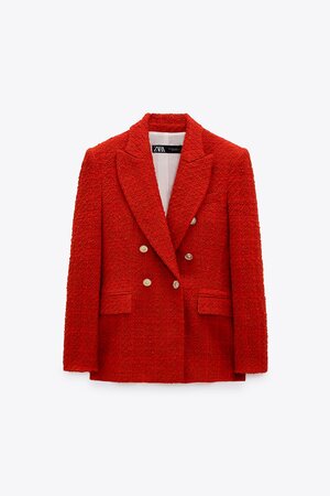 inval Moet Geheim Zara Textured Double-Breasted Long Blazer in Red — UFO No More