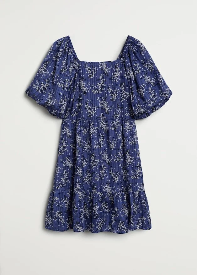 Mango Puff Sleeve Floral Print Dress in Blue
