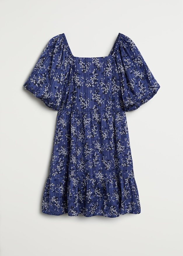 Mango Puff Sleeve Floral Print Dress in Blue — UFO No More