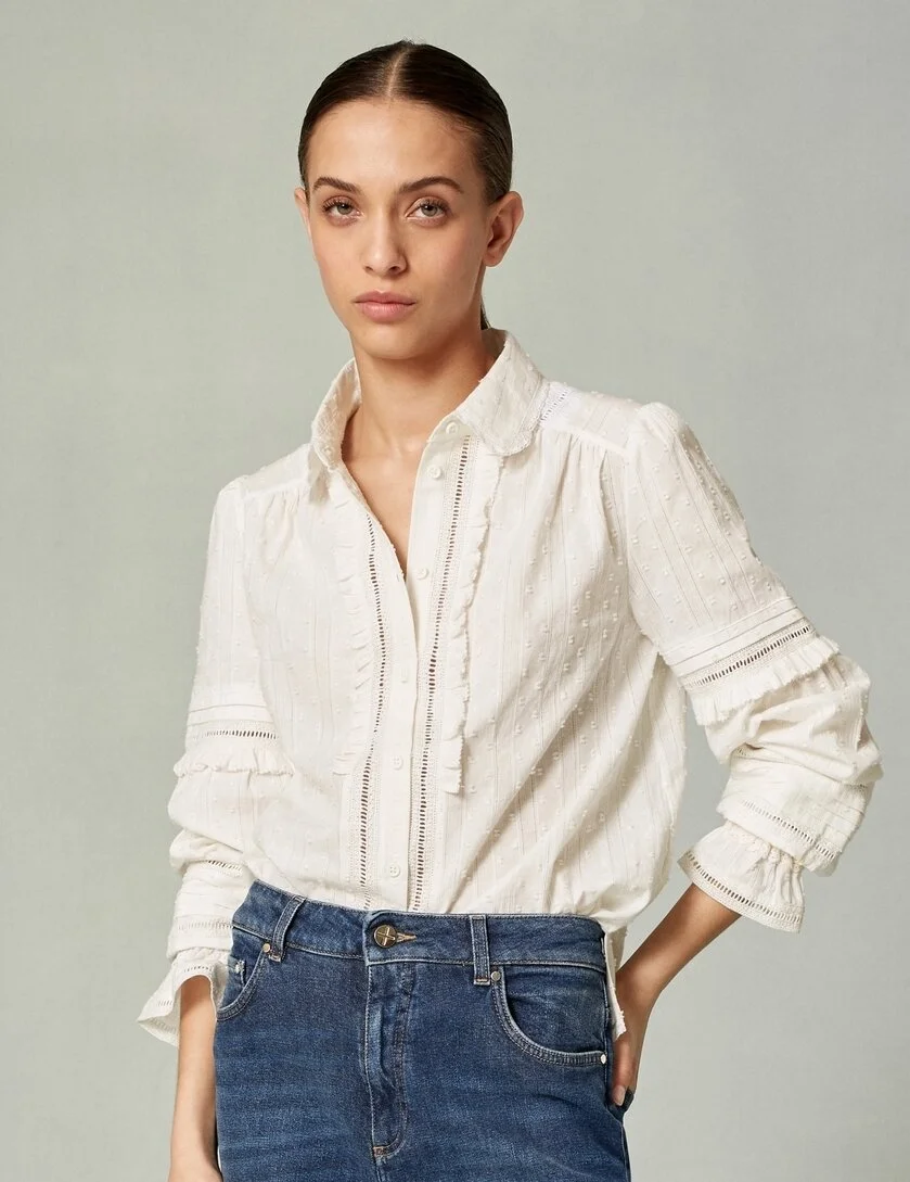 ME + EM Cotton Dobby Lace Insert Blouse in Soft White