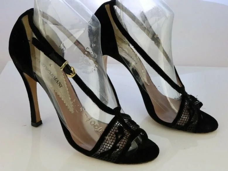 Emporio Armani Lace Strap Sandals in Black Velvet