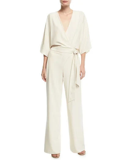 Halston Wide-Leg 3/4-Sleeve Wrap-Front Jumpsuit w/ Tie Waist in Chalk