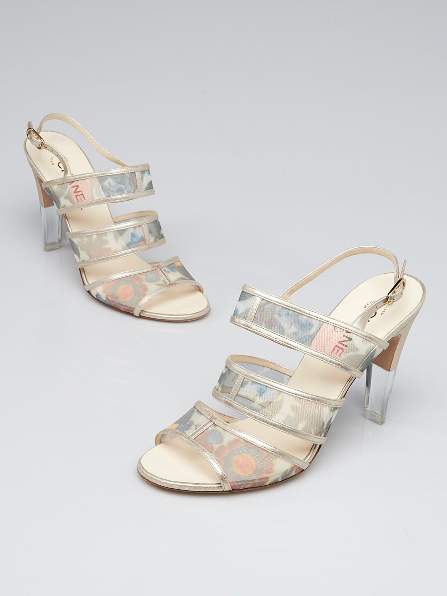 Chanel Strappy Mesh Sandals in Floral Print with Silver Trim — UFO No More