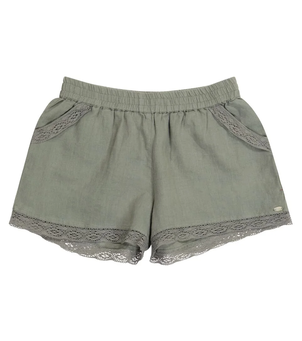 Tartine et Chocolat Lace-trimmed Linen Shorts in Khaki