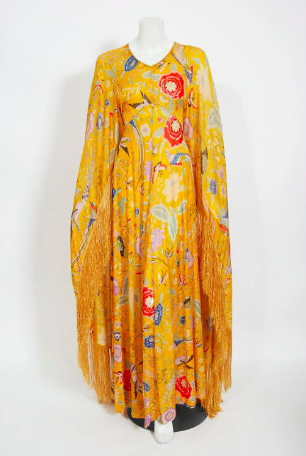 Missoni Couture Floral Bird Print Silk-Jersey Fringe Caftan Gown.png