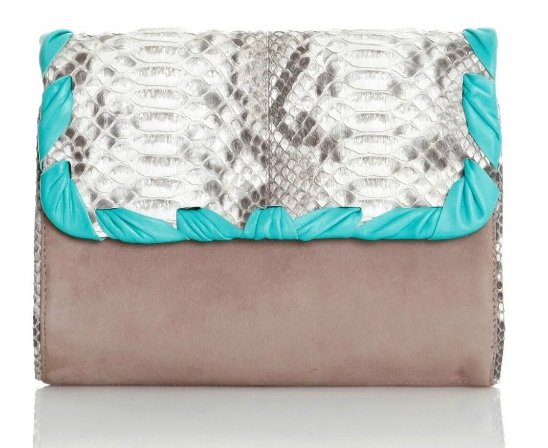 Malababa Python and Teal Flap Clutch in Beige Suede