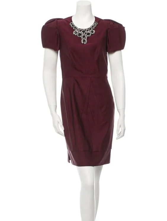 Prada Jewel Neck Puff Sleeves Dress in Burgundy
