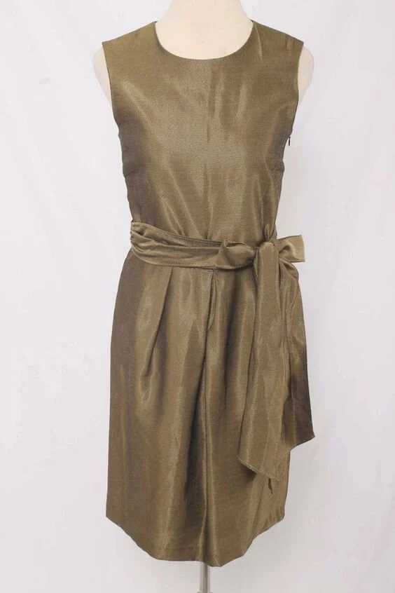 Zara Metallic Gold Belted Pleated Dress