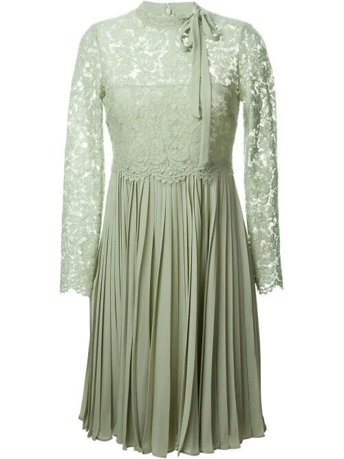 Valentino Dentelle Lace Pleated Crepe Dress in Green