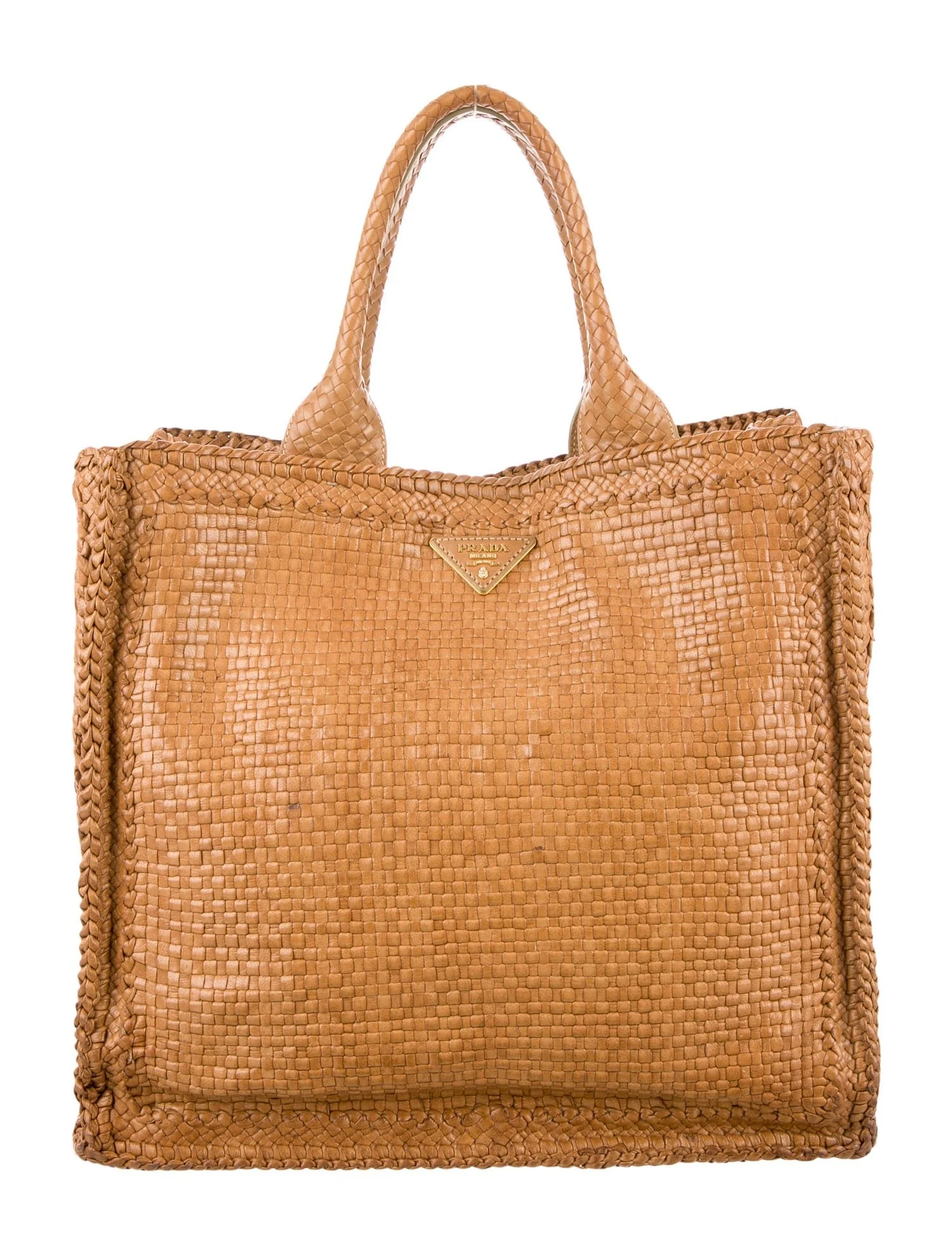 Prada Large Madras Tote Bag in Tan