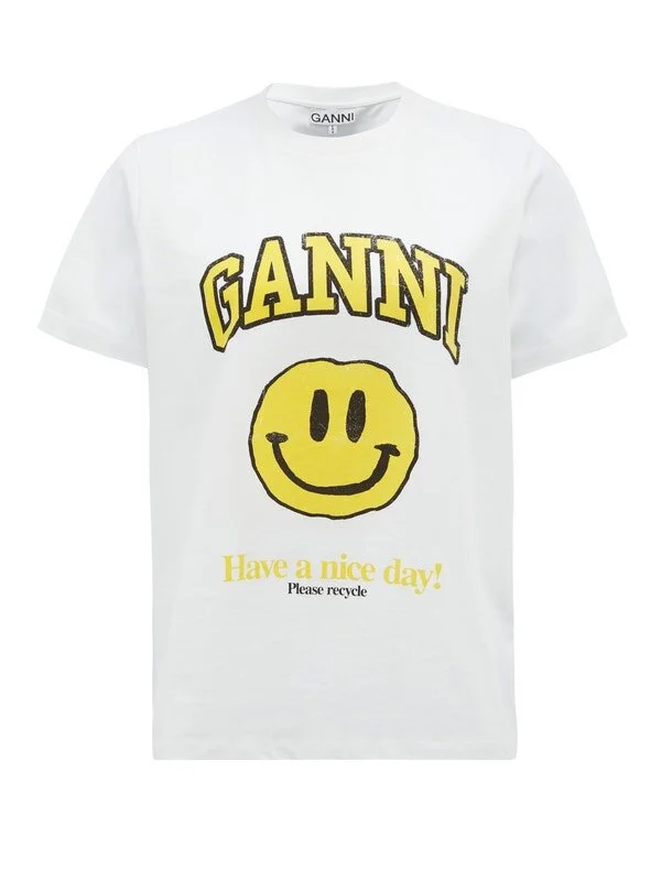 Ganni Smiling Face-Print Organic-Cotton T-Shirt in White
