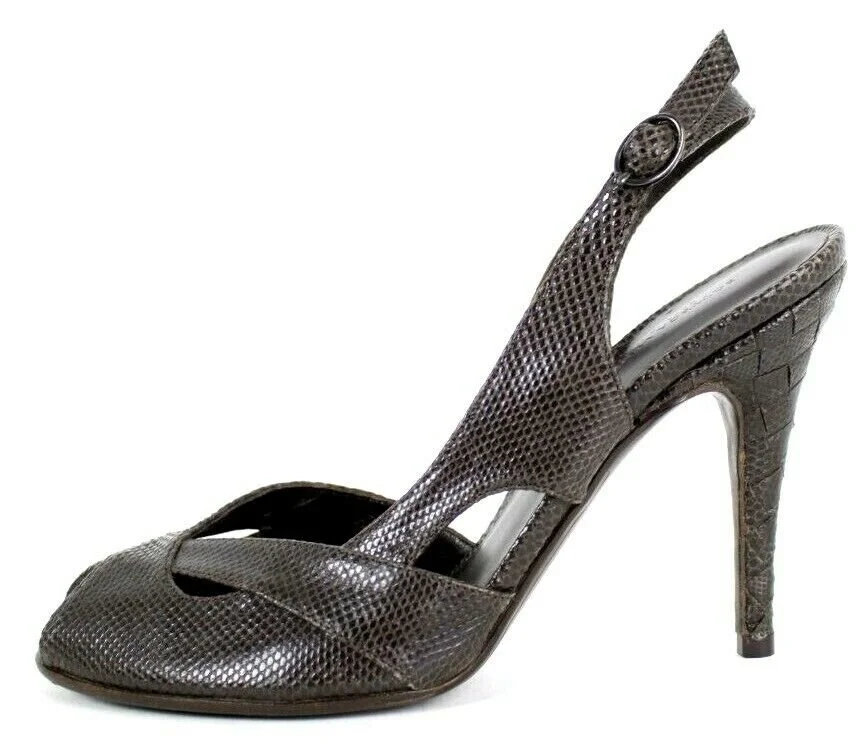 Bottega Veneta Slingback Peep Toe Pumps in Brown Lizard