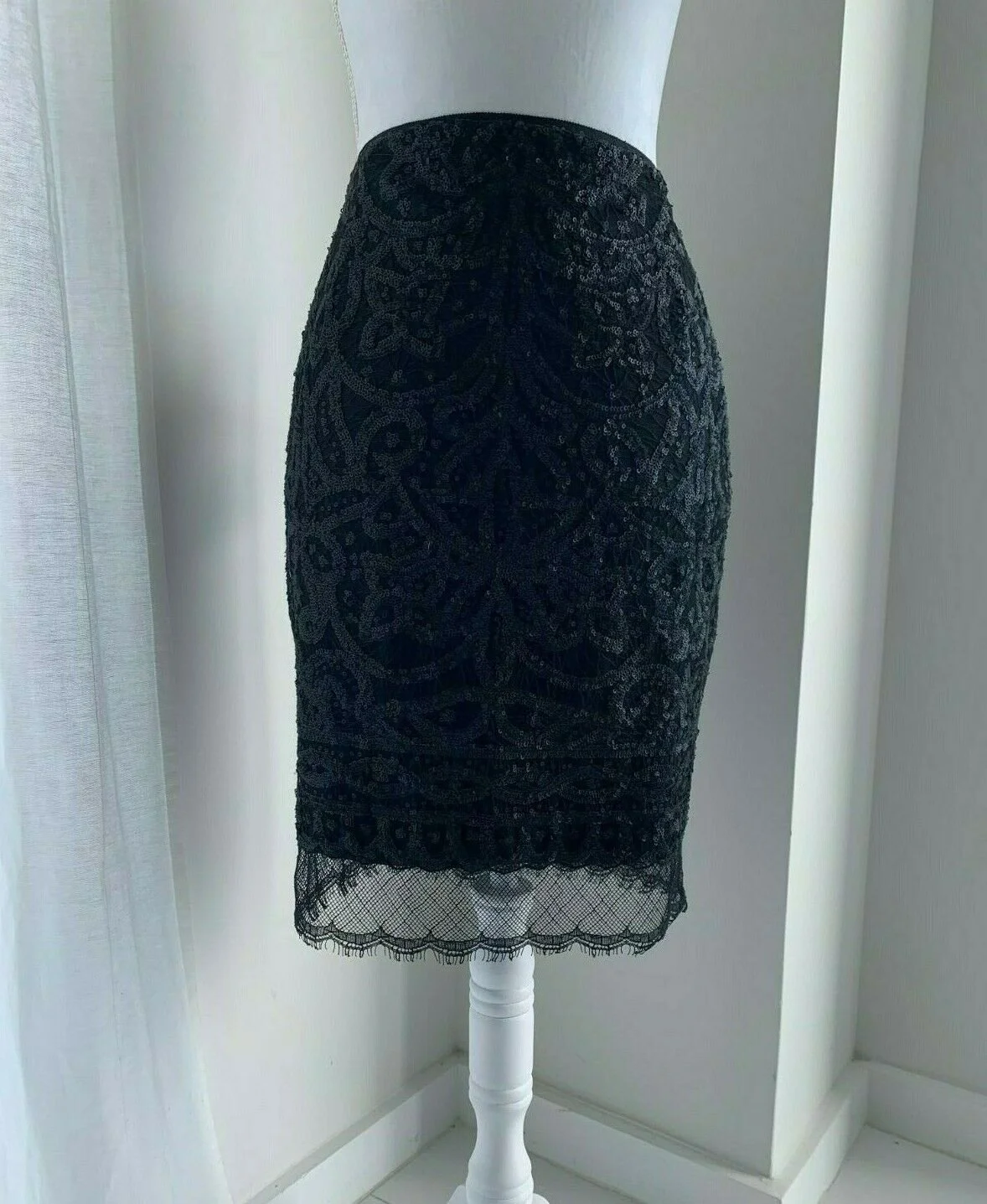Elie Tahari Beaded Lace Pencil Skirt in Black