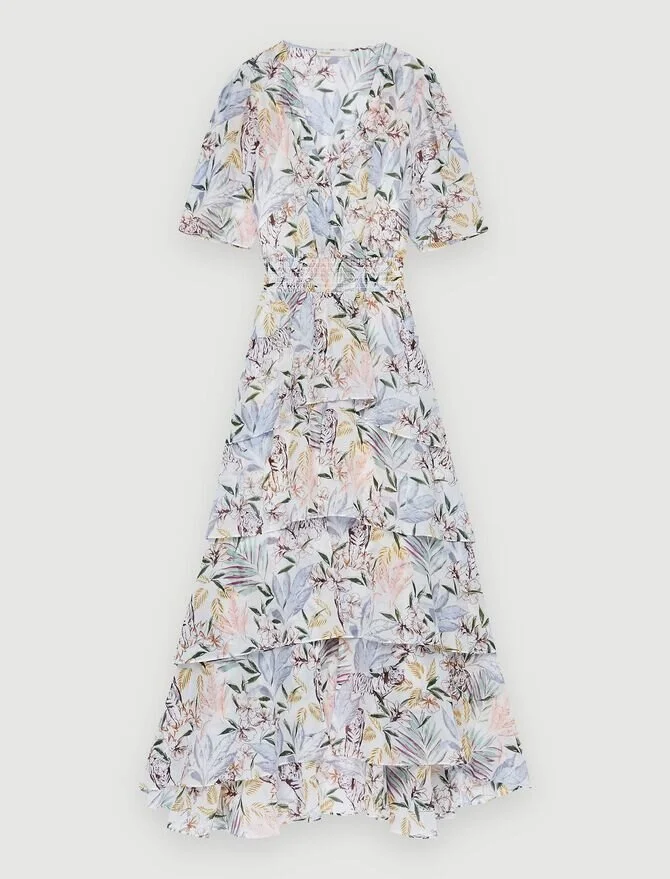Maje Ruffle Asymmetrical Dress in White Jungle