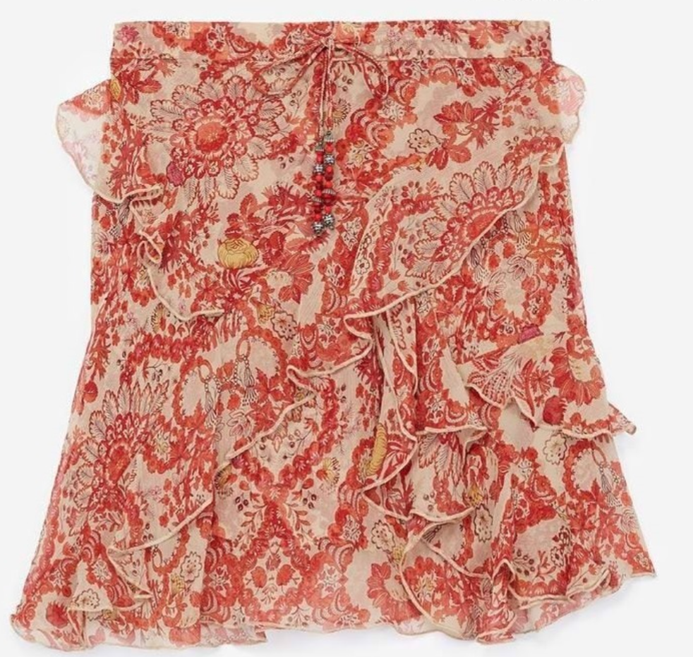 The Kooples Floral Asymmetric Ruffles Skirt in Red