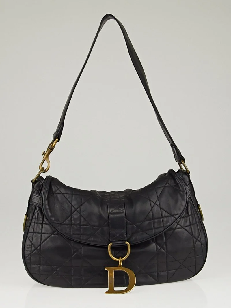 Christian Dior Cannage Quilted Shoulder Bag in Black Lambskin Leather