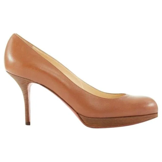 Christian Louboutin Wooden Platform Round Toe Pumps in Light Brown Leather