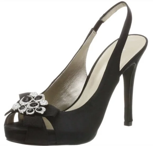 Nine West Levant Slingback Peep Toe Pumps in Black Satin