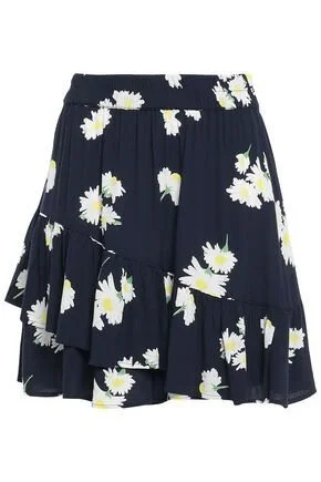 Ganni Layered Floral-Print Crepe Mini Skirt in Navy