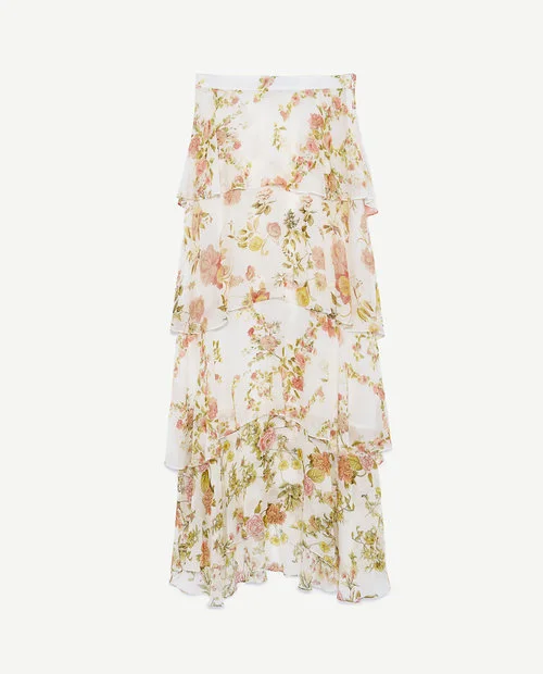 Zara Tiered Floral Printed Maxi Skirt in White