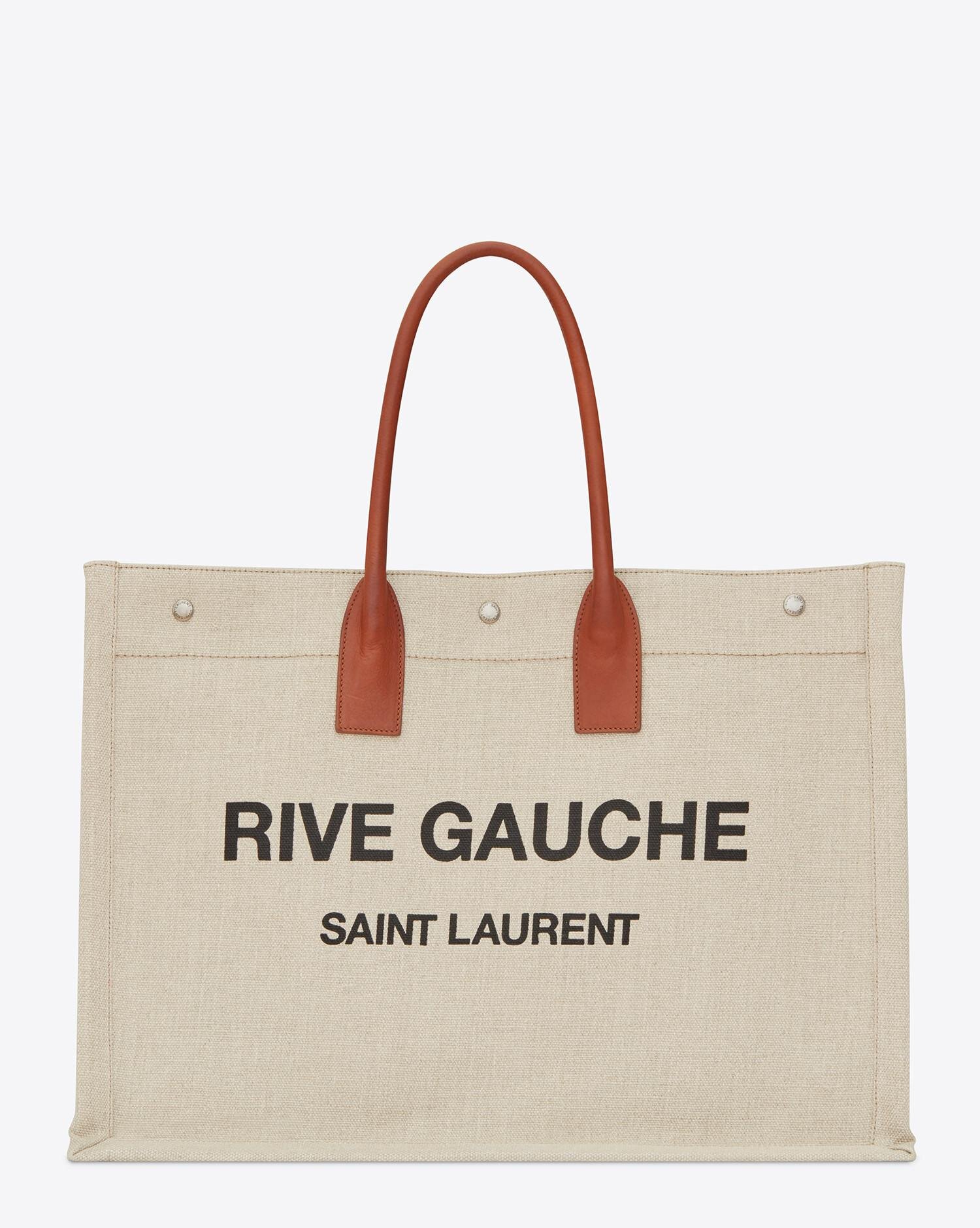 Saint Laurent Rive Gauche Tote Bag in Beige Linen and Cognac Leather.jpg