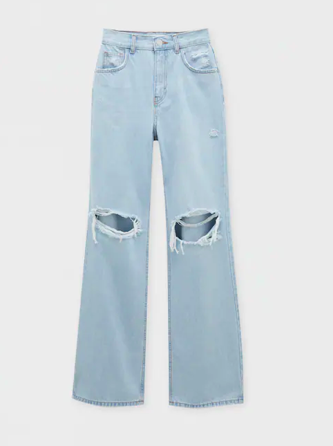 Pull & Bear Flared High-Waist Jeans with Rips on the Knee in Pale Blue.png