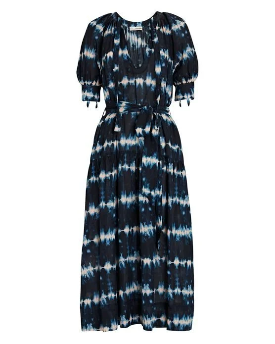 Ulla Johnson Selena Puff Sleeves Midi Dress in Navy Tie Dye