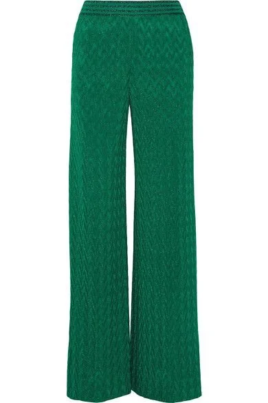 Missoni Metallic Crochet-Knit Wide-Leg Trousers in Green
